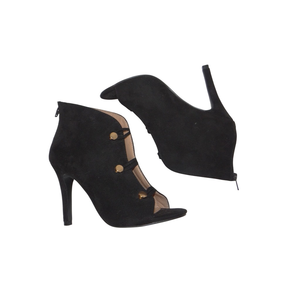 Journee Collection Womens Black Faux Suede Gold Button Peep Toe Stiletto Booties